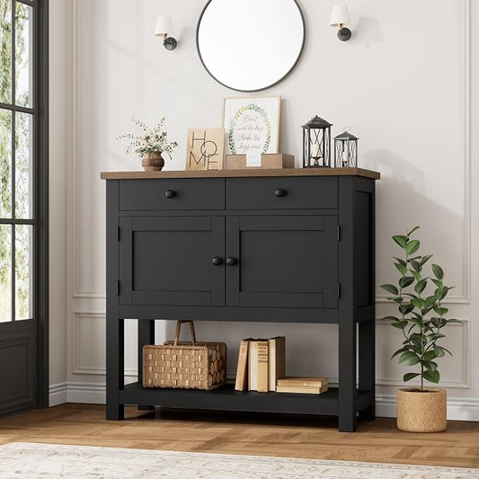 HOSTACK Farmhouse Console Table with 2-Door Cabinet & 2 Drawers, Coffee Bar, Entryway Table with Storage Shelf, Sofa Tables Buffet Sideboard for Kitchen, Hallway, Dining, Living Room, Black