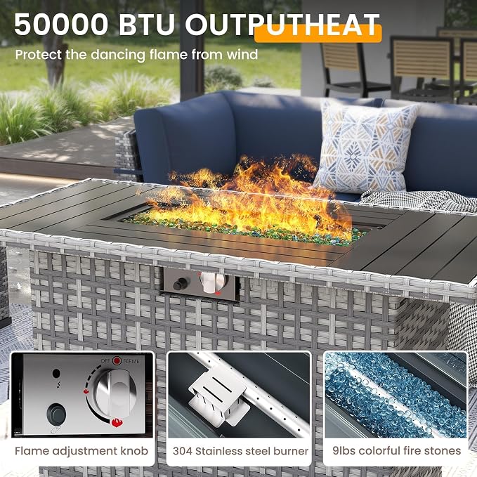 UDPATIO Outdoor Patio Furniture Set, 7 Pcs PE Wicker Sectional Sofa with Tea Table, Outdoor Conversation Set with Waterproof Cover for Patio, Garden, Backyard (Beige Cushions with Grey Rattan)