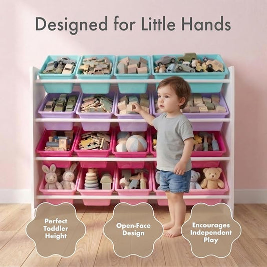 Humble Crew Toy Storage Organizer with 16 Removable Storage Bins for Kids Playroom, 4-Tier Toddler Toy Organization, White/Blue/Pink/Purple