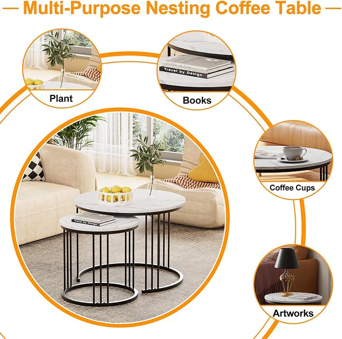 Garden 4 you Coffee Table Faux Marble Nesting Table for Small Place 2 Sets Modern Furniture Living Room Sets End Side Table Night Stand for Bed Room Dining Room (Black & White)