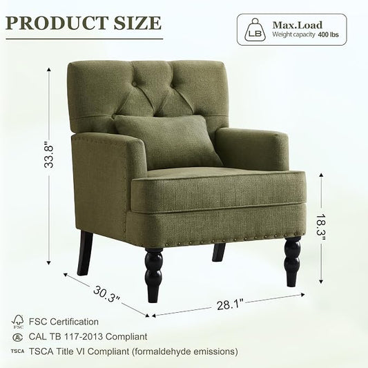 HUIMO Set of 2 Accent Chairs for Living Room, Tufted Upholstered Club Chairs with Lumbar Pillows, Vintage Reading Armchairs with Solid Wood Legs for Bedroom Apartment, Olive Green