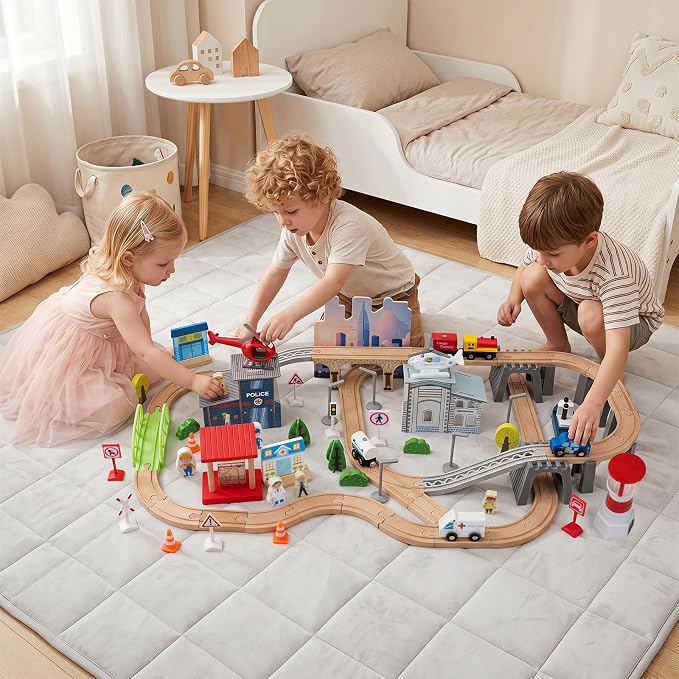 Costzon 110-Piece Wooden Train Table with Drawer for 3+ Years Old Toddlers | 3-in-1 Kids Activity Play Set w/ Reversible Tabletop, Storage Space, Train Tracks, Figures, Vehicles, and Buildings