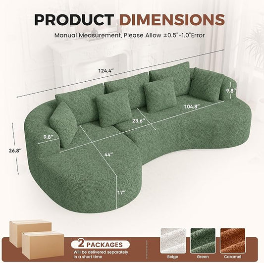 Luxanimarion 124" Curved Modular Sectional Sofa Oversized, L-Shape Boneless Couches for Living Room with Deep Seat and 7 Pillows, High-Density Memory Foam, Green Chenille Fabric, No Assembly Required
