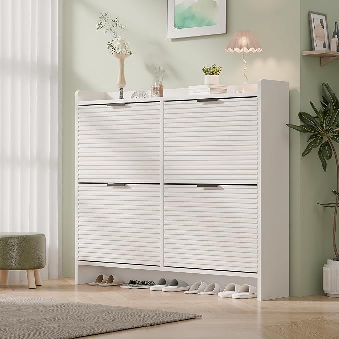 MU 46.5" W Fluted Shoe Storage Cabinet for Entryway, Shoe Cabinet with 4 Flip Drawers, Narrow Wood Shoe Rack Cabinet, Freestanding Hidden Shoe Organizer with Wooden Legs for Hallway, Entrance, White