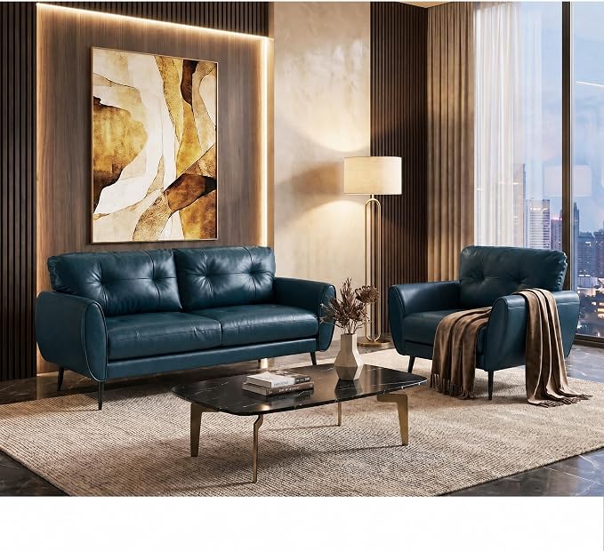 TYBOATLE Sofa Couch 61" Small Loveseat Couches for Living Room Leather Couch Mid Century Modern Tufted Mini Sofa Comfy Office 2 Seat Settee Love Seat Small Couches for Spaces Bedroom (2, Blue)