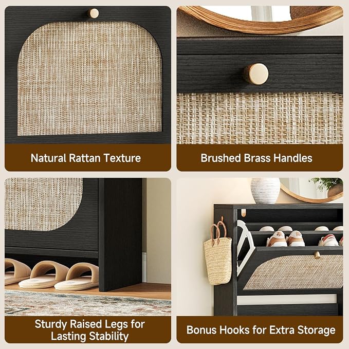 Nicetree Rattan Shoe Cabinet for Entryway, 9.5" Ultra-Thin Narrow Shoe Rack with 4 Flip Drawers, Boho Slim Shoe Storage Organizer with Adjustable Shelves, Anti-Tip Safety, Fits Size 13 Men's Boots