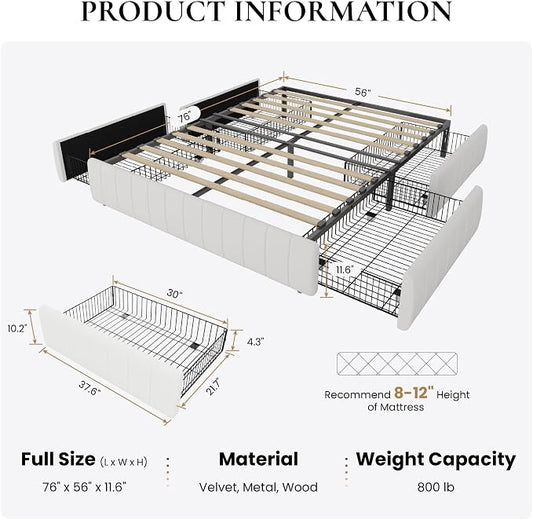 SHA CERLIN Full Size Velvet Upholstered Platform Bed Frame with 4 Storage Drawers, Vertical Channel Tufted, Low Profile, Fits Standard Headboards, Wooden Slats Support, Easy Assembly, White