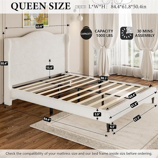 Queen Bed Frame with Wingback Headboard, Upholstered Boucle Platform Bed Frame, Solid Wooden Slats Support, Noise-Free, No Box Spring Needed, Soft Cloud Bed for Bedroom, Cream
