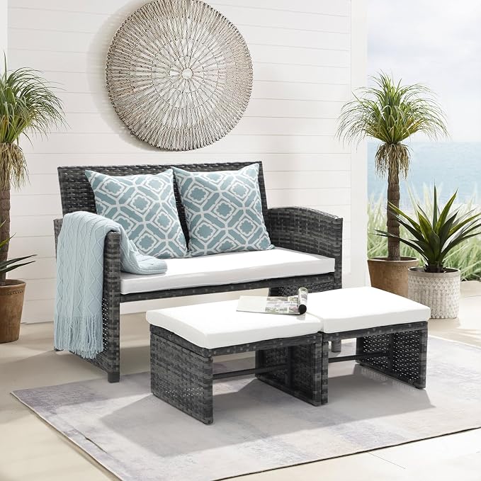 OC Orange-Casual Patio Furniture Set,3 Pieces Outdoor Wicker Conversation Loveseat with Ottomans for Porch, Gray Rattan White Cushions