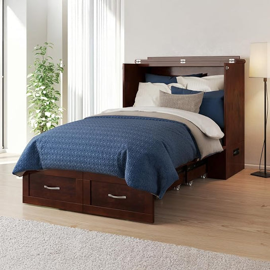 AFI, Hamilton Twin XL Murphy Bed Chest with 6" Mattress, Storage Drawer, and Built-in USB Charger, Walnut
