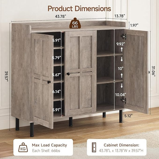 5+2 Tier Shoe Storage Cabinet with 3 Doors, 40" Tall Entryway Cabinet for 30 Pairs Shoe, Shoe Rack Organizer with 5 Adjustable Shelves & Metal Legs, Shoe Storage for Front Door Entrance, Washed Gray