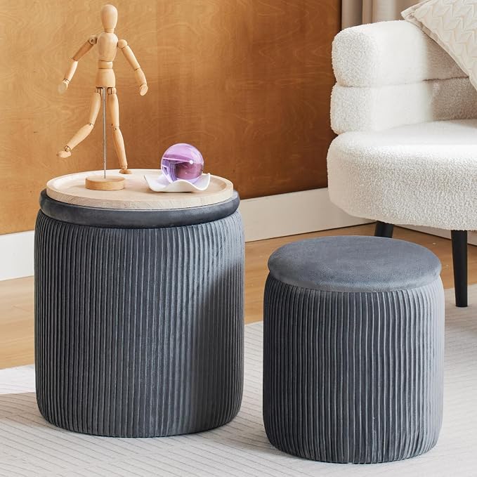 BLEXA Round Ottoman with Storage Set of 2-Upholstered Velvet Vanity Stool for Makeup Multifunctional Ottomans Coffee Table Padded Seat Foot Rest for Living Room&Bedroom(Light Grey-Upgrade Tray Lid)