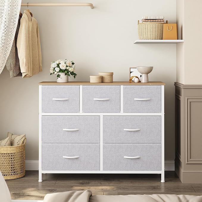 Sweetcrispy 7 Drawer Dresser with Fabric Bins, Fabric Storage Tower Organizer for Bedroom, Closet, Hallway, Entryway, Tall Chest of Drawers with Steel Frame, Wood Top, Light Grey