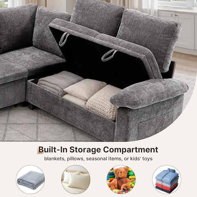 85" Modular Sectional Sofa Bed with Storage, L Shaped Pull Out Couch, Removable Chenille Sofa Cover for Living Room (Grey, 5 Seat)