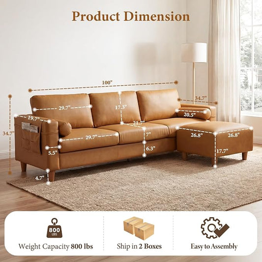 Vesgantti 100" L Shaped PU Leather Sofa with Movable Ottoman, 3 Seater Faux Leather Couch with Side Pocket, Comfy Modern Modular Sectional Couch for Living Room, Apartment, Camel