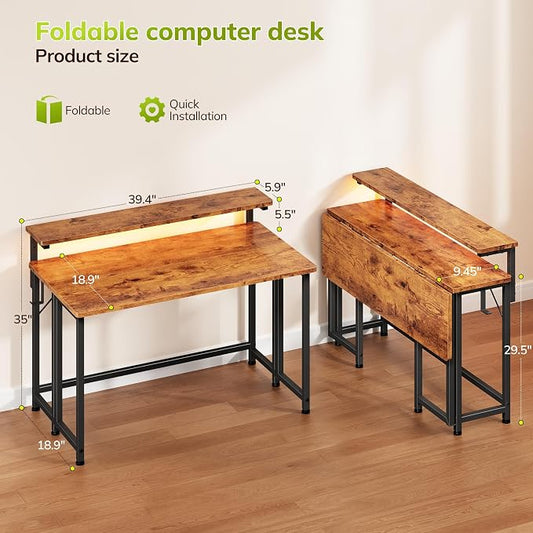 DurayLoly Computer Desk with RGB Light for Small Space, 39.4" Small Folding Desk for Space Saving Sofa Table for Couch, Home Office Desk with Monitor Stand, Easy to Fold with Hooks, Brown