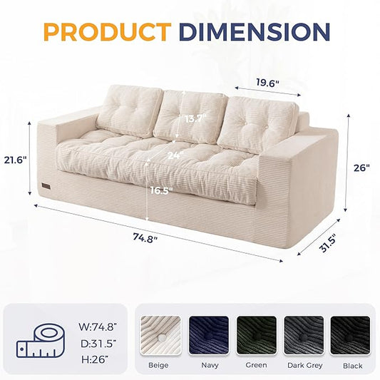 MAXYOYO 3-Seater Boneless Sofa Couch, Tufted Corded Sofa Lounge for Living Room, Comfy Bean Bag Chair High-Density Foam Couch with Pillows, No Assembly Required