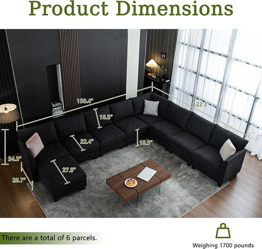150.4" Large Sectional Couches for Living Room, 8 Seater L Shaped Modular Sectional Sofa with Storage Ottoman & USB, Oversized Corner Couch for Living Room(Black)