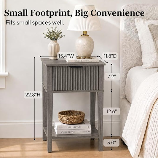 Weathered Gray 15" Wide Small Nightstand, Drawer, Open Shelf, Fluted | Weathered gray tone, ribbed fluted front, 11.8-inch slim depth, concealed storage, cool fit for sofa side or chair side