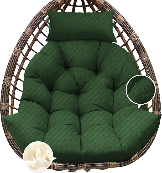 Outdoor Hanging Egg Chair Cushion Replacement, Thicken Egg Chair Cushion Waterproof Basket Eggs Chairs Cushion with Headrest Pillow, U-Shaped Cushions for Hanging Eggs Chairs Swing (Green)