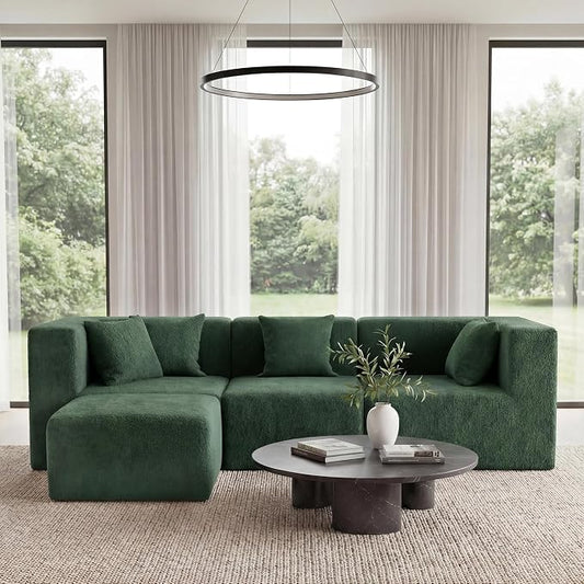MONVANE 103'' Modular Sectional Sofa, Comfy Teddy Velvet Cloud Couch with Ottoman, Modern Convertible L Shaped Couch with Deep Seat, Sectional Couches for Living Room, Bedroom and Apartment, Green