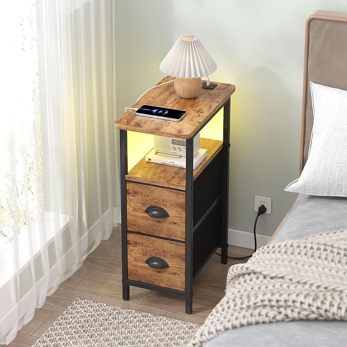 sthmec Narrow End Table with Charging Station, Narrow Side Table with 2 Fabric Drawers, LED End Table, Slim Nightstand with LED Light, Small Side Table for Small Space,Living Room,Bedroom,Rustic Brown