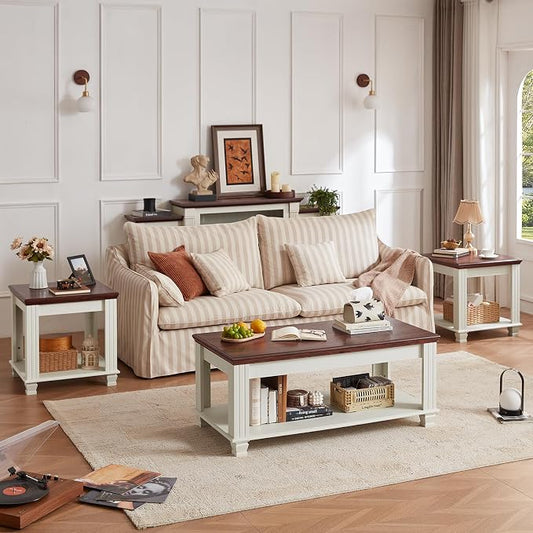 SAVOR LIFE Farmhouse Coffee Table Set of 3, Rustic Wood 3 Piece Coffee and End Table Sets with Open Shelf for Living Room, White