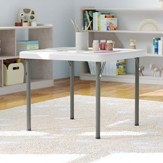 Flash Furniture Paige 24x24 Kids Folding Table with Locking Legs, Commercial Grade Table Recommended for Ages 2-4 in Granite White