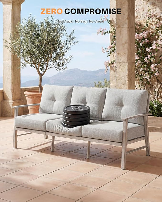 3 Seats Patio Furniture Sofa, Outdoor Aluminum Couch with 5.9'' Soft Cushion, 3-Seater All-Weather Outdoor Patio Furniture Sofa Couch for Balcony, Poolside, Lawn, White Oak