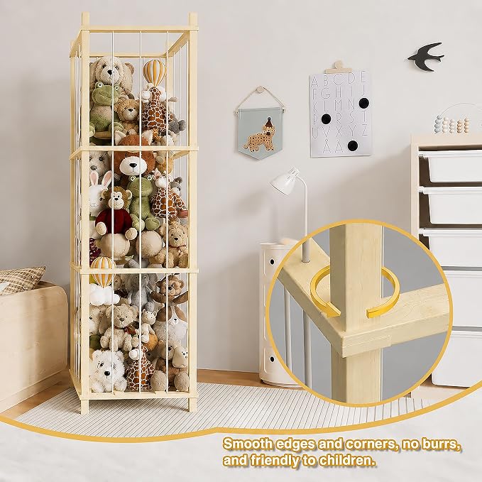 Solid Pine Stuffed Animal Storage, 56" Large Wooden Toy Organizer Tower | 100% solid pine, extra-wide & high open design. Whole rope hand-polished. Holds large plush toys for kids playroom bedroom