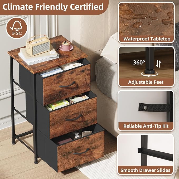Somdot Dresser for Bedroom with 3 Drawers, Storage Organizer Chest of Drawers with Removable Fabric Bins for Closet Bedside Living Room Laundry Entryway Hallway, Wood Grain Print