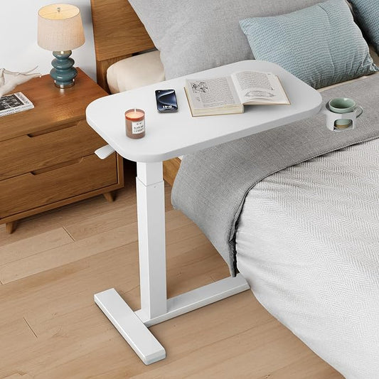 HUANUO 28Inch Bedside Table with Wheels, Height-Adjustable Rolling Computer Cart, Overbed Table with Cup Holder, Pneumatic Laptop Standing Desk for Home Office, White