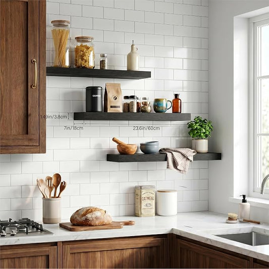 Floating Shelves for Wall, Bathroom Shelves Over Toilet, Wall Shelves & Book Shelf for Room, Hanging Shelf, Modern Wooden Mounted Floating Shelves, 24x7x1.5 in (Black, Set of 3)