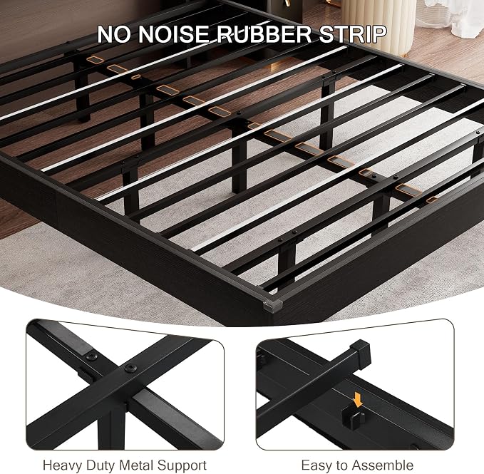 Einhomn Full Size Bed Frame with LED Lights & Charging Station – Kids Wood Floating Bed Frame with Storage Headboard, Adhesive Slats, Kick-Free & Noise-Free Design, Easy Assembly, Black