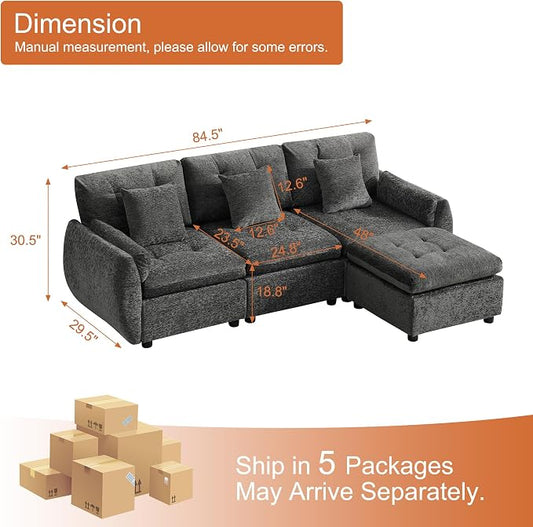84" L Shaped Modular Sectional Cloud Sofa with Ottoman, Deep Seat Tufted Chenille 4-Seater Couch with Curved Arms, Dark Grey