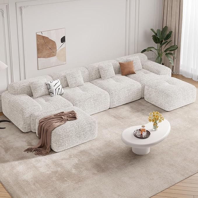 158" U Shaped Boneless Couches for Living Room, 6 Seater Modern Chenille Cloud Couch, Convertible Modular Sectional Sofa Set, No Assembly Required, Beige 1 PCS