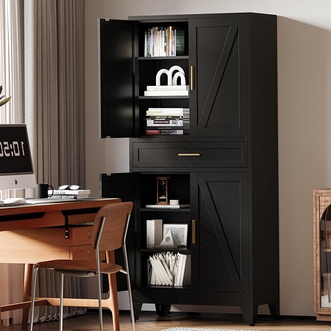 71" H Metal Kitchen Pantry Cabinet with Drawers,Black Kitchen Storage Cabinets with Doors,Tall Pantry Food Storage Cabinets,Large Freestanding Cabinets for Dining Room, Living Room