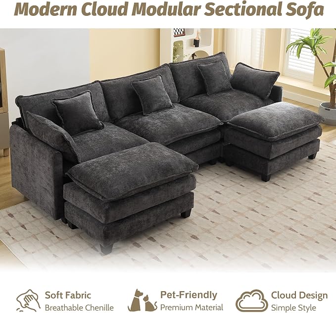 111'' Sectional Cloud Deep Seat Couch, Oversized Chenille U Shaped Sectional Sofa for Living Room Set, Comfy Upholstered Modular 5-Seats Sectional Sofa Couch with 2 Movable Ottoman, Dark Grey