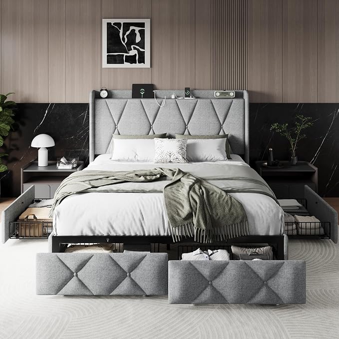 Einhomn Full Size Bed Frame with 4 Storage Drawers and Charging Station, Upholstered Platform Bed Frame with Storage Headboard, No Box Spring Needed, Easy Assembly, Light Grey