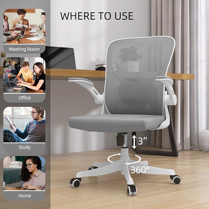 Monhey Ergonomic Office Chair, 90°-125° Tilt Back Home Desk Chair with 360° Swivel & Mute Wheels, High Back Mesh Computer Chair for Adults with Lumbar Support, 330 LBS Capacity (01White+Gray)