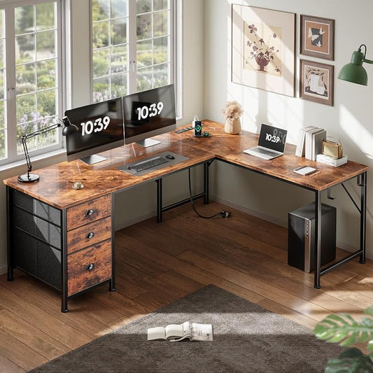 Furologee 63" L Shaped Desk with Power Outlets & USB-C Port, Reversible Corner Computer Desk with 3 Fabric Drawers, Hooks, Large Home Office Desk for Gaming, Writing, Work, Rustic Brown