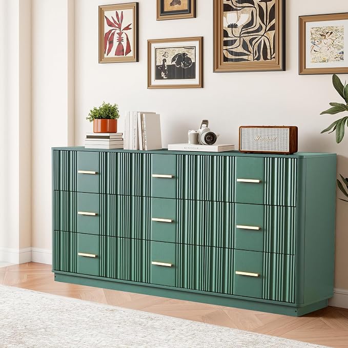 Fluted Dresser for Bedroom with 9 Drawers, 59" Wide Mid Century Modern Chest of Drawers, Wooden Dresser TV Stand, Wood Closet Clothes Storage Organizer for Living Room Hallway, Green