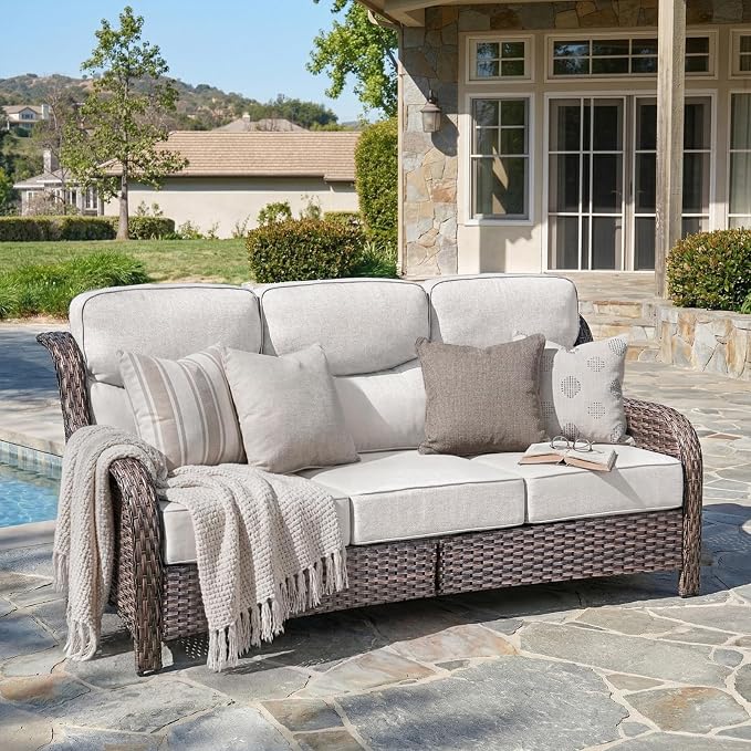 Belord Luxury 6" Thick Cushioned PE Wicker 3-Seater Outdoor Couch, All-Weather Comfortable Modern Patio Sofa, High Back Deep Seat Woven Outdoor Furniture for Porch Balcony, Lawn, Deck - BrownBeige