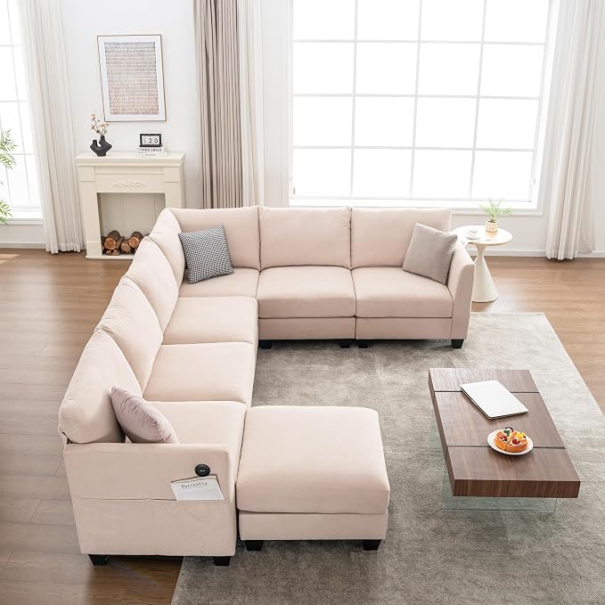 122.8" Large Sectional Couches for Living Room, 6 Seater L Shaped Modular Sectional Sofa with Storage Ottoman & USB, Oversized Corner Couch for Living Room(Beige)