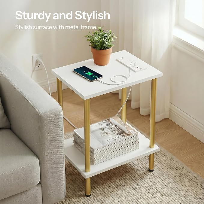 HOOBRO Side Table with Charging Station, End Table with USB Port and Outlet, Nightstand with 2-Layer Storage Shelves for Small Spaces, Living Room, Bedroom, Stable Frame, White and Gold DW09UBZ01