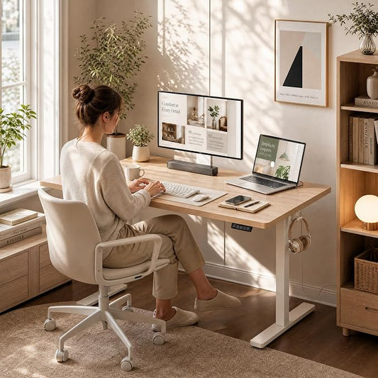 Grandder 47x32 Large Electric Standing Desk, Height Adjustable Computer Desk with 2 Memory Presets, 31.5" Deep Desktop Sit Stand Desk Home Office Desk Workstation Table with Hooks, Maple