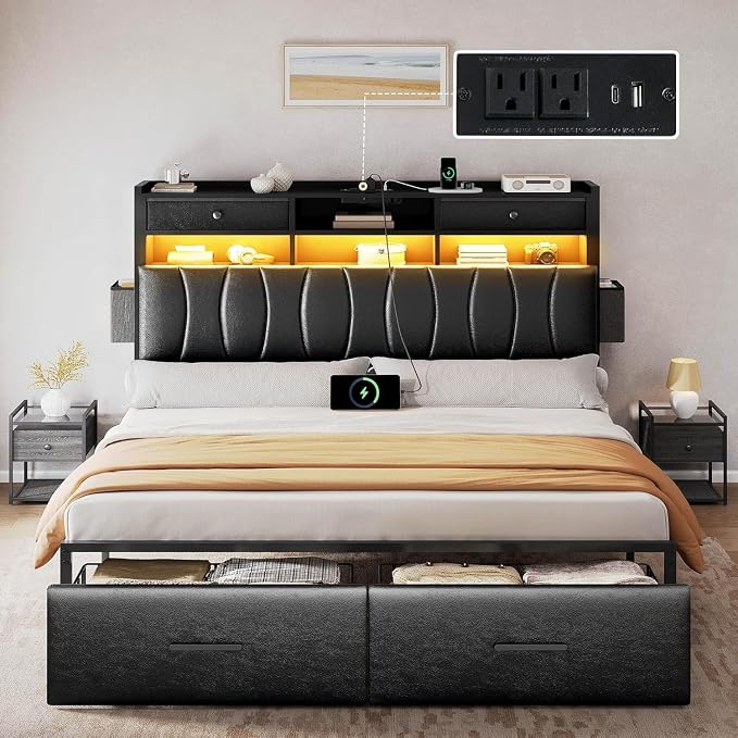 YITAHOME Queen Size with 2 Storage Drawers and Charging Station, Upholstered Bed with Storage Headboard and LED Light, Heavy Duty Metal Support, No Box Spring Needed, Noise Free, PU Leather Black