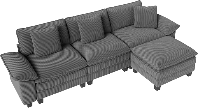 PHI VILLA Cloud Modular Couch Sets, 123.6" Sectional Sofa with L-Shaped Chaise, 4-Seater Upholstered Couches with MCorduroyovable Ottoman for Living Room, Corduroy Fabric, Grey