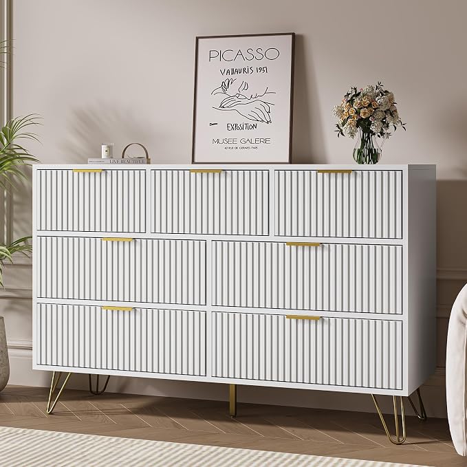 MAISONARIA White Dresser for Bedroom, 7 Drawer Dresser with Gold Pulls, Wide Chest of Drawers for Bedroom, Entryway, 47.2" L x 15.7" D x 31.4" H