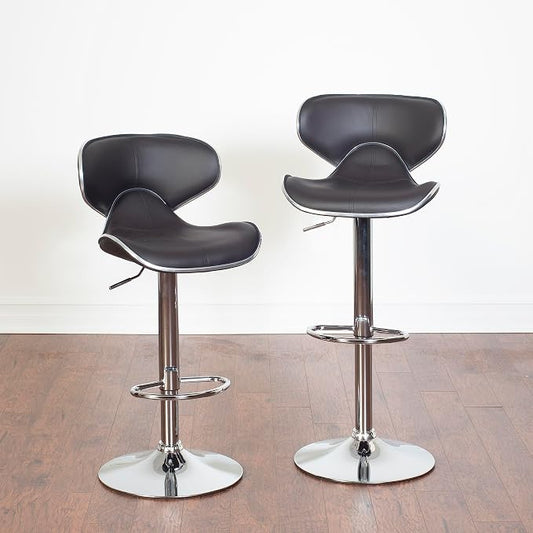 Roundhill Furniture Masaccio Cushioned Leatherette Upholstery Airlift Adjustable Swivel Barstool with Chrome Base, Set of 2, Brown